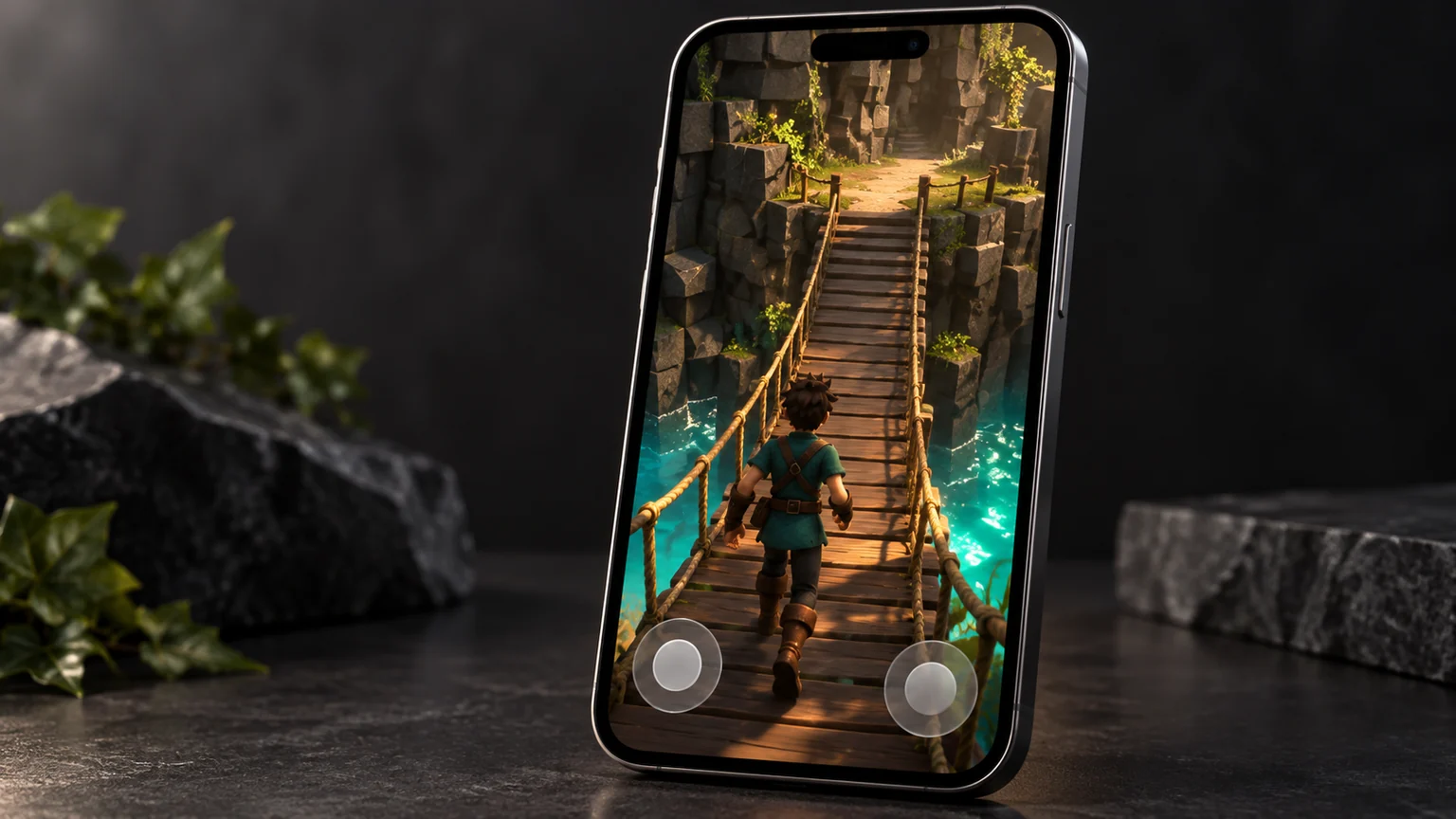 A portrait phone shows a teal-clad adventurer on a wooden bridge, with the far landing visible above two translucent touch controls.