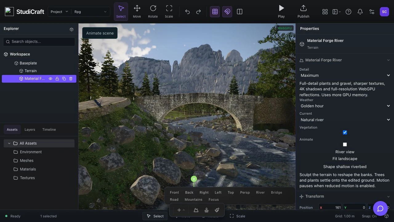 Native StudiCraft Terrain Forge editor showing a stone bridge across water among detailed trees.