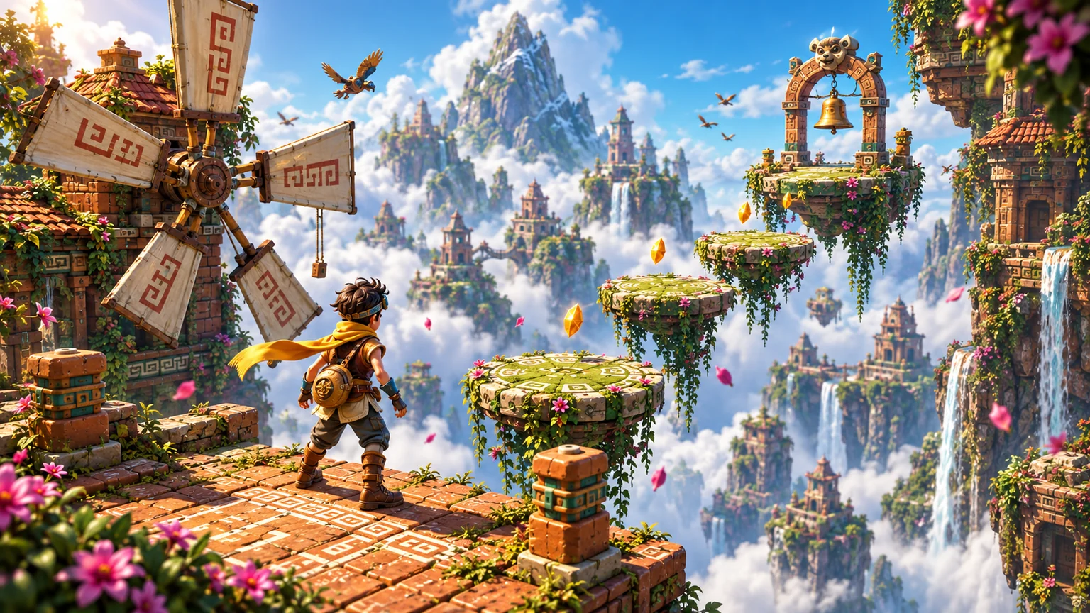 An adventurer on a terracotta terrace looks toward mossy floating platforms and a bell, beside a timber windmill in a mountain sky.