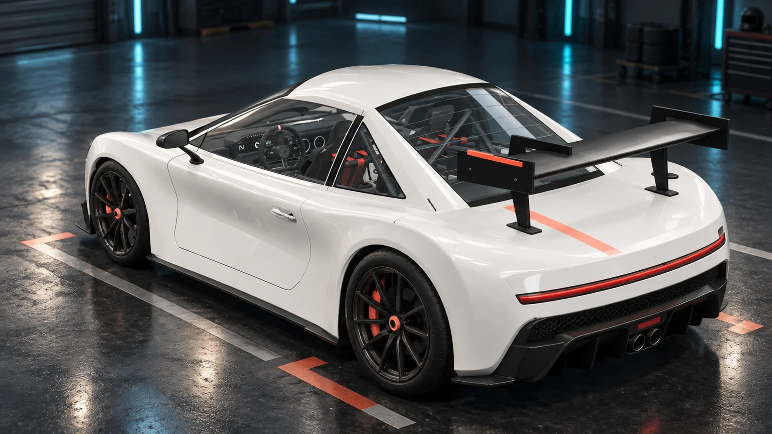 A white Vesper-inspired race coupe with a black rear wing and visible red harnesses sits on an inspection pad in a dark workshop.