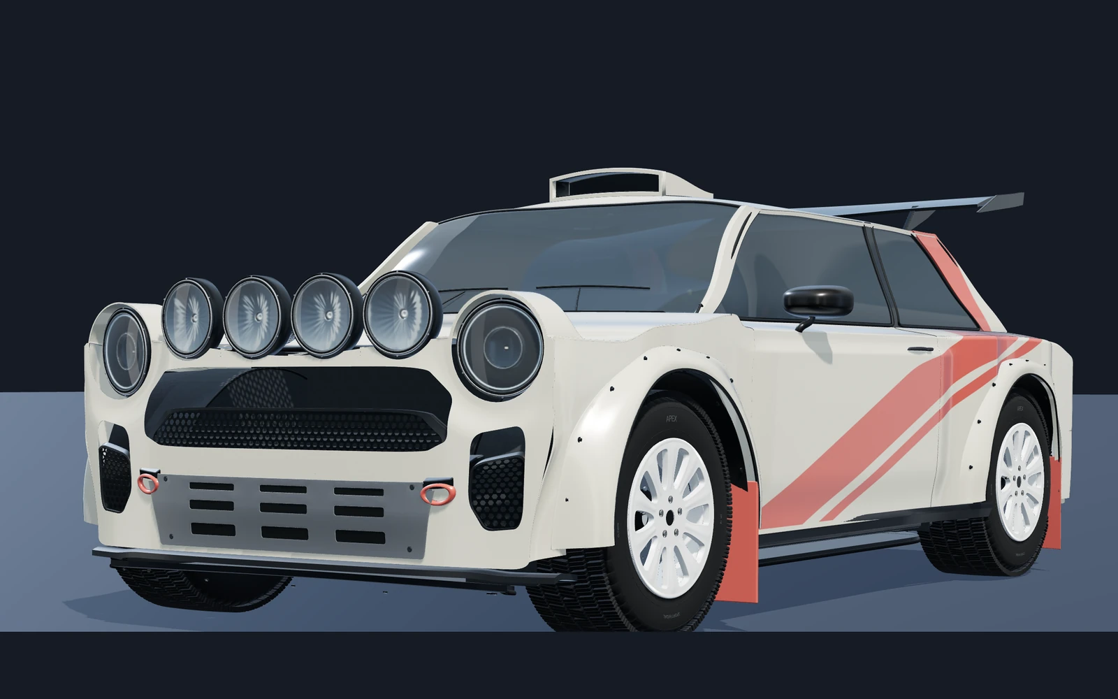 Native Spindrift RX review view showing an ivory rally car with pink diagonal graphics and detailed side mirrors.
